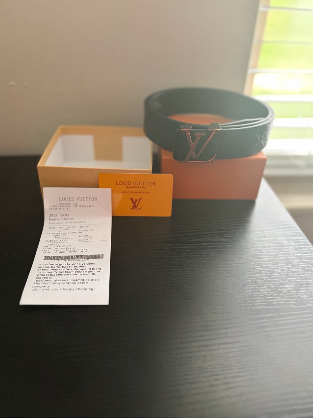 Louis Vuitton Black Leather Belt with Gold LV Buckle